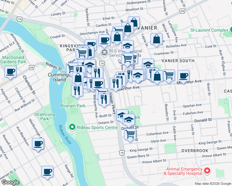 map of restaurants, bars, coffee shops, grocery stores, and more near 158 McArthur Avenue in Ottawa