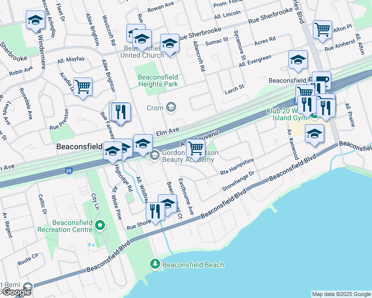 map of restaurants, bars, coffee shops, grocery stores, and more near 107 Sussex Drive in Beaconsfield