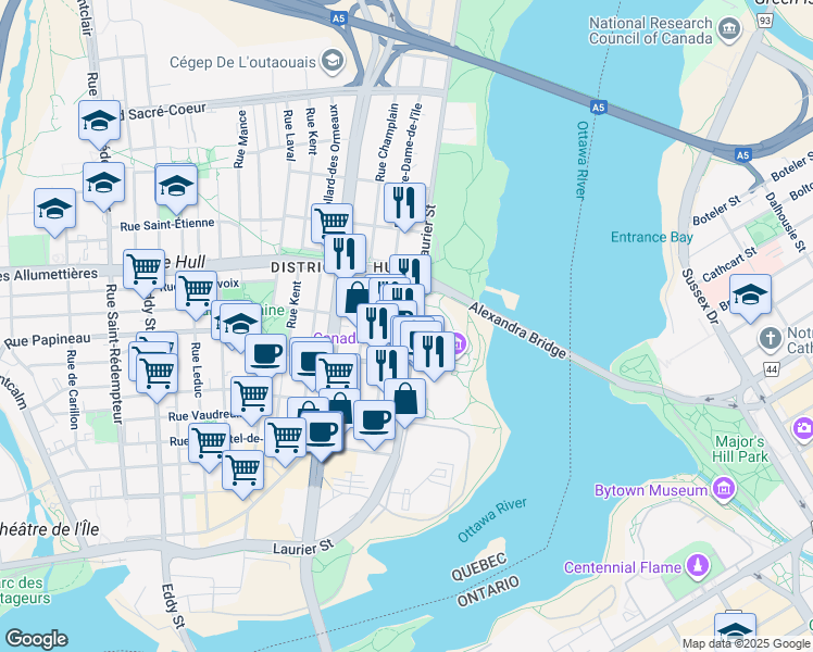 map of restaurants, bars, coffee shops, grocery stores, and more near in Gatineau