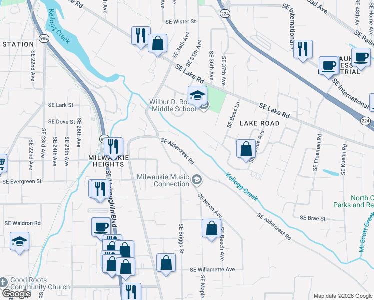 map of restaurants, bars, coffee shops, grocery stores, and more near 3410 Southeast Aldercrest Road in Milwaukie