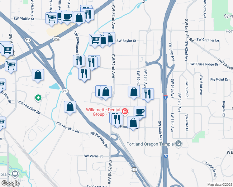 map of restaurants, bars, coffee shops, grocery stores, and more near 12400 Southwest 72nd Avenue in Portland