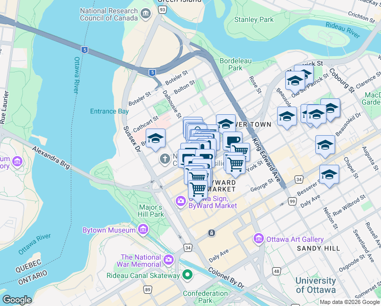 map of restaurants, bars, coffee shops, grocery stores, and more near 274 Dalhousie Street in Ottawa