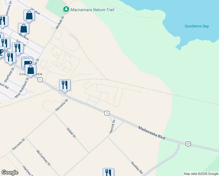 map of restaurants, bars, coffee shops, grocery stores, and more near 110 Seabert Drive in Arnprior
