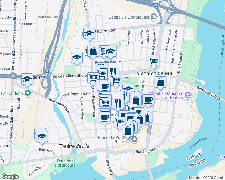 map of restaurants, bars, coffee shops, grocery stores, and more near 131 Rue Papineau in Gatineau
