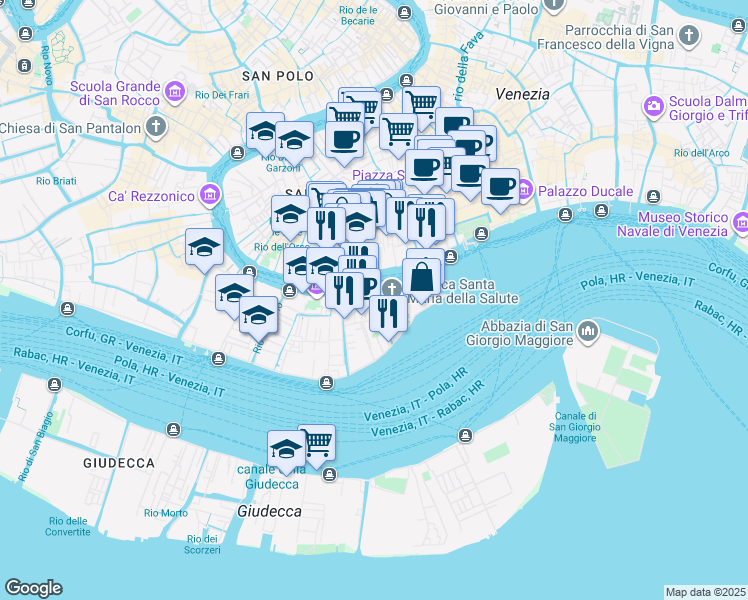 map of restaurants, bars, coffee shops, grocery stores, and more near Sestiere di Dorsoduro in Venice