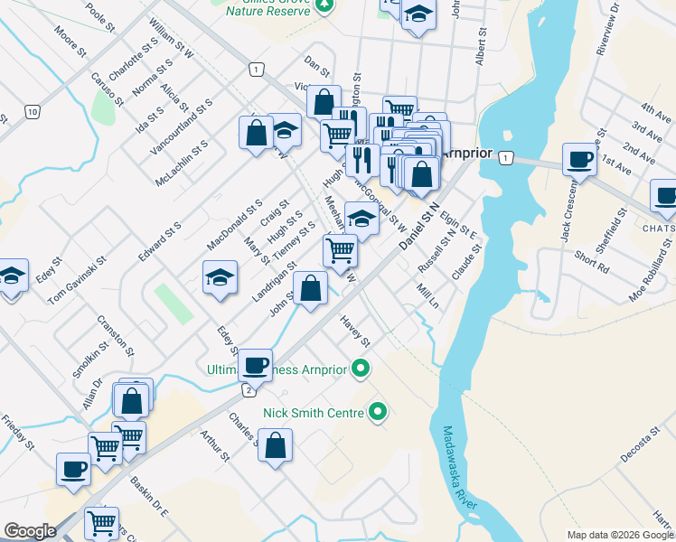 map of restaurants, bars, coffee shops, grocery stores, and more near 10 William Street West in Arnprior
