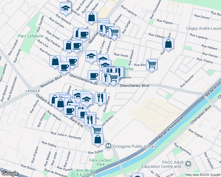 map of restaurants, bars, coffee shops, grocery stores, and more near 1470 Boulevard Shevchenko in Montréal