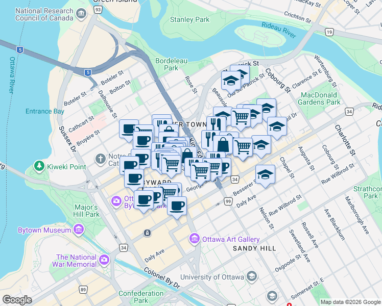 map of restaurants, bars, coffee shops, grocery stores, and more near in Ottawa