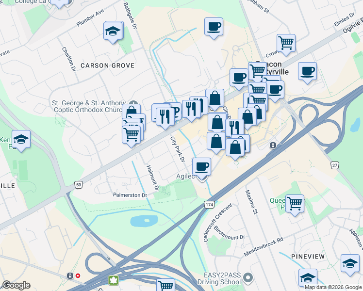 map of restaurants, bars, coffee shops, grocery stores, and more near in Ottawa