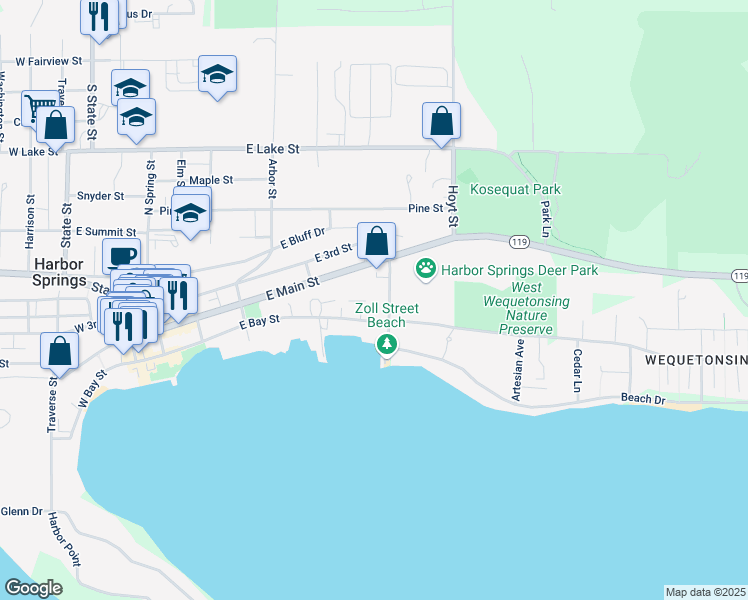 map of restaurants, bars, coffee shops, grocery stores, and more near 145 Zoll Street in Harbor Springs