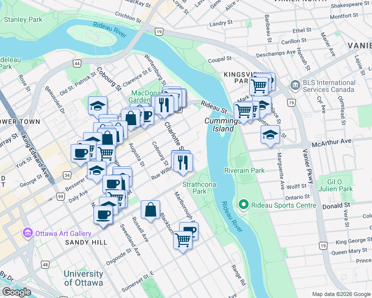 map of restaurants, bars, coffee shops, grocery stores, and more near 235 Charlotte Street in Ottawa