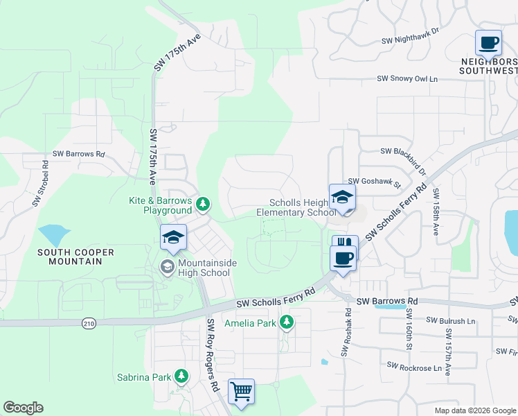 map of restaurants, bars, coffee shops, grocery stores, and more near 16844 Southwest Lorikeet Lane in Beaverton