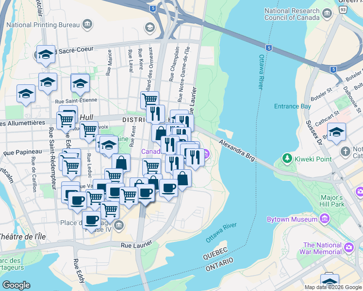 map of restaurants, bars, coffee shops, grocery stores, and more near 77 Laurier Street in Gatineau
