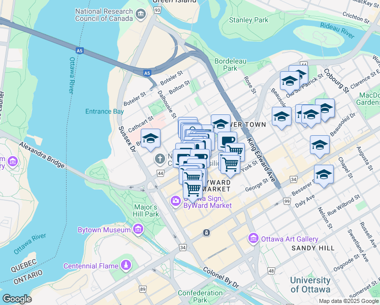 map of restaurants, bars, coffee shops, grocery stores, and more near 274 Dalhousie Street in Ottawa