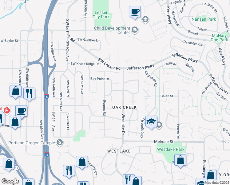 map of restaurants, bars, coffee shops, grocery stores, and more near 5690 Bay Creek Drive in Lake Oswego