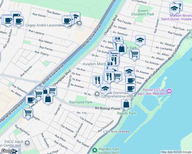 map of restaurants, bars, coffee shops, grocery stores, and more near 229 Avenue 6e in Montréal