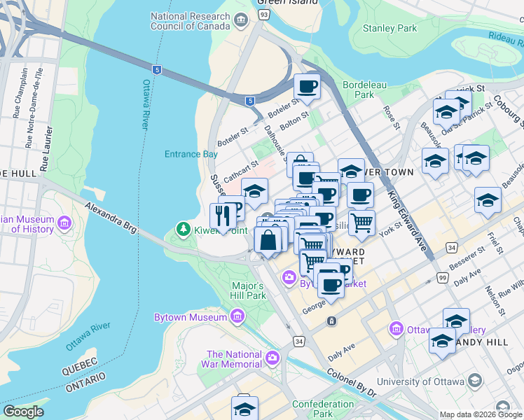 map of restaurants, bars, coffee shops, grocery stores, and more near 58 Guigues Avenue in Ottawa