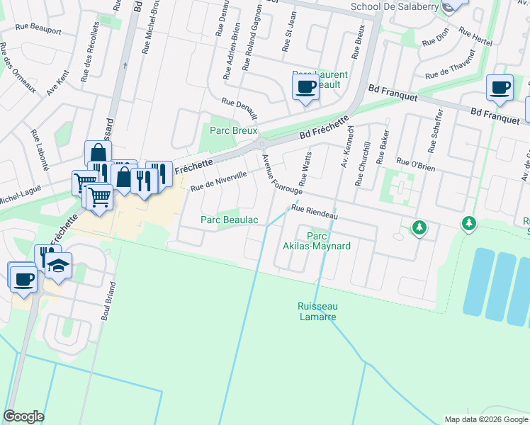 map of restaurants, bars, coffee shops, grocery stores, and more near 1813 Rue de Beaulac in Chambly
