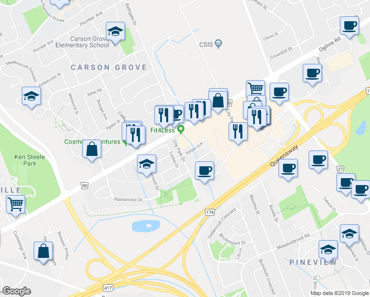 map of restaurants, bars, coffee shops, grocery stores, and more near 4429 Harper Avenue in Ottawa