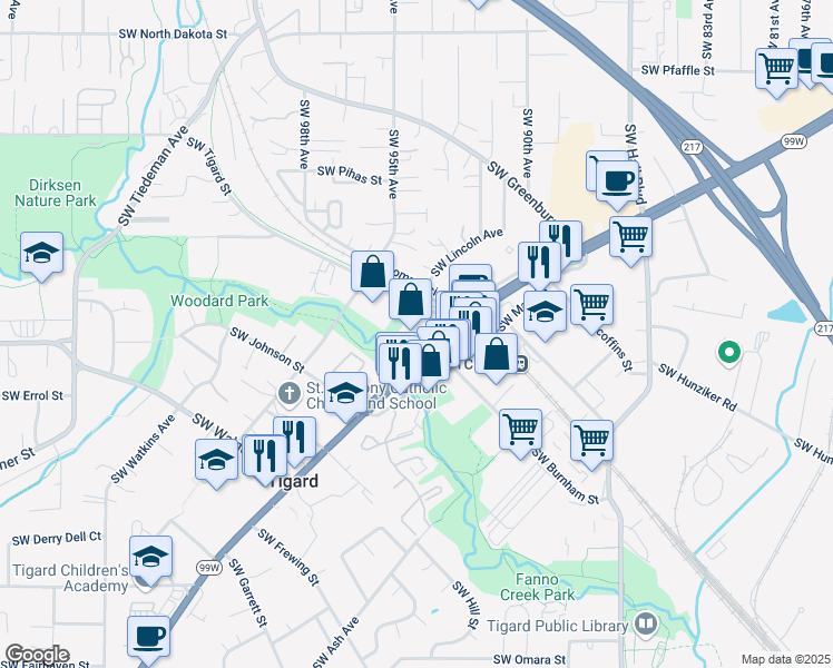 map of restaurants, bars, coffee shops, grocery stores, and more near 9380 Southwest Tigard Street in Tigard