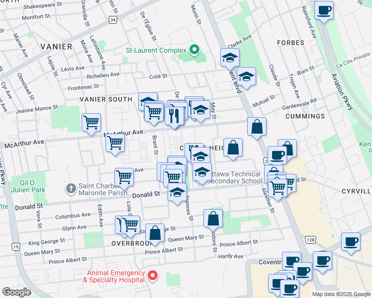 map of restaurants, bars, coffee shops, grocery stores, and more near 925 Moorvale Street in Ottawa