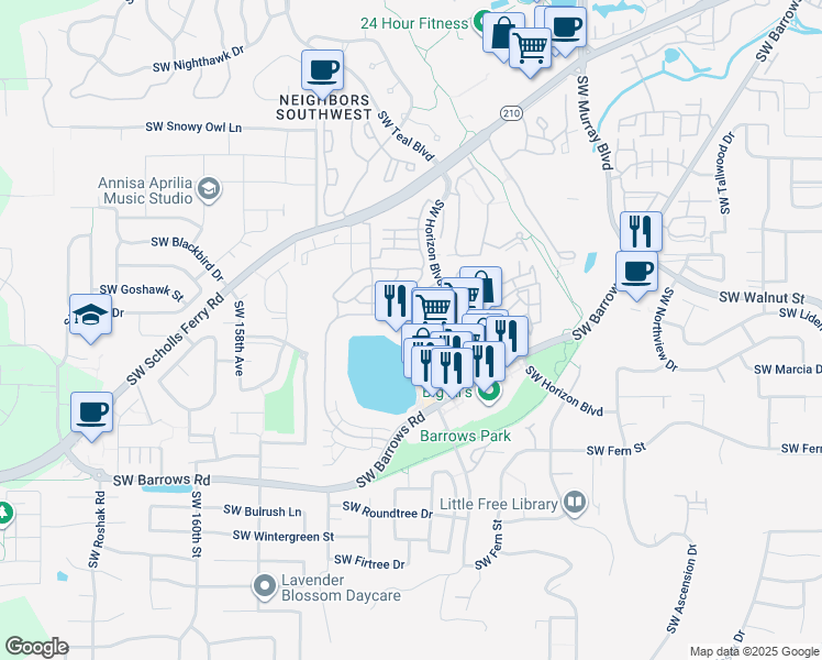 map of restaurants, bars, coffee shops, grocery stores, and more near 12345 Southwest Horizon Boulevard in Beaverton