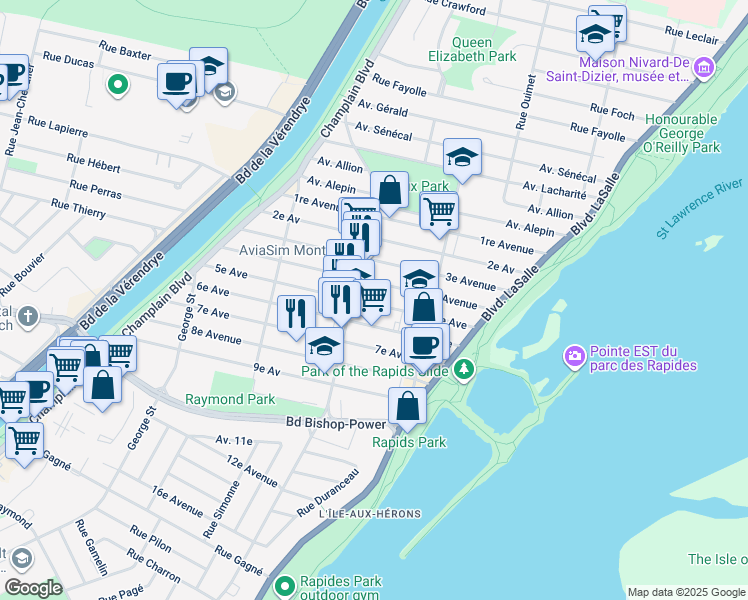 map of restaurants, bars, coffee shops, grocery stores, and more near 147 5e Av in Montréal