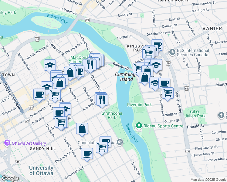 map of restaurants, bars, coffee shops, grocery stores, and more near 555 Wilbrod Street in Ottawa