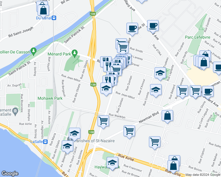 map of restaurants, bars, coffee shops, grocery stores, and more near 366 Avenue Lafleur in Montréal