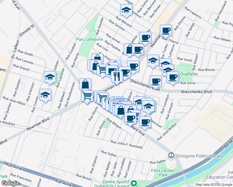 map of restaurants, bars, coffee shops, grocery stores, and more near in Montreal