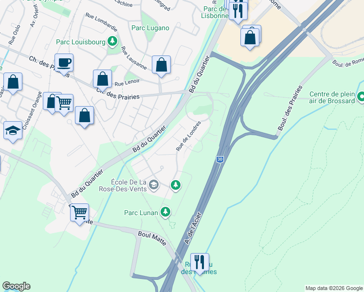 map of restaurants, bars, coffee shops, grocery stores, and more near 8265 Rue de Londres in Brossard