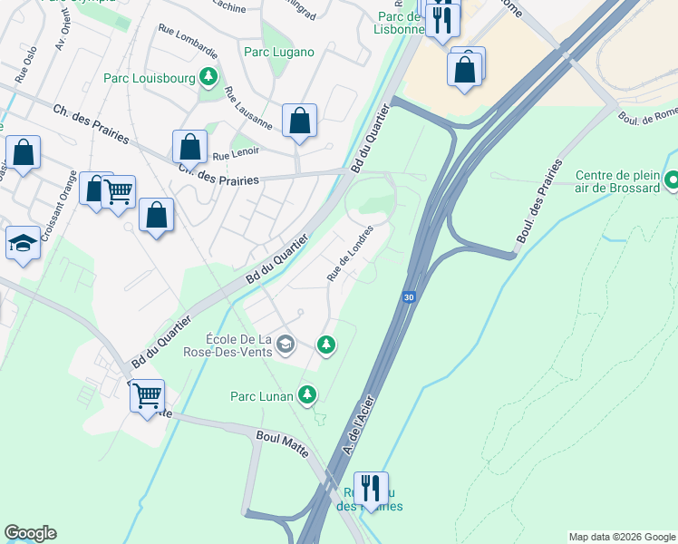 map of restaurants, bars, coffee shops, grocery stores, and more near 8265 Rue de Londres in Brossard