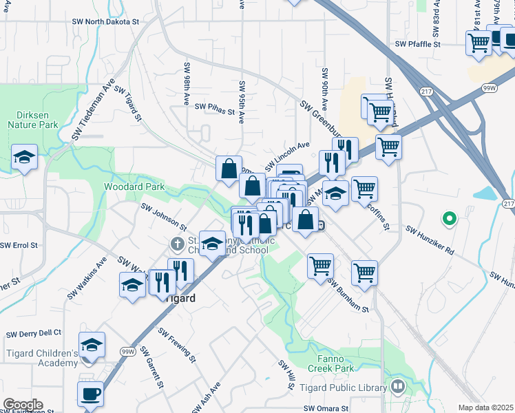 map of restaurants, bars, coffee shops, grocery stores, and more near 9380 Southwest Tigard Street in Tigard