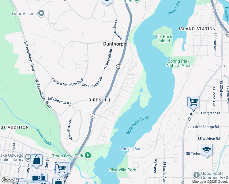 map of restaurants, bars, coffee shops, grocery stores, and more near 13100 Southwest Riverside Drive in Lake Oswego