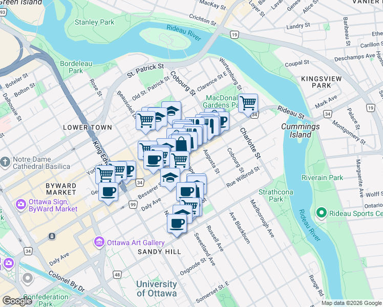 map of restaurants, bars, coffee shops, grocery stores, and more near 456 Rideau Street in Ottawa