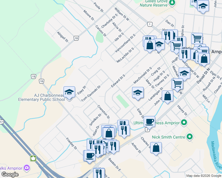 map of restaurants, bars, coffee shops, grocery stores, and more near 180 Edward Street South in Arnprior