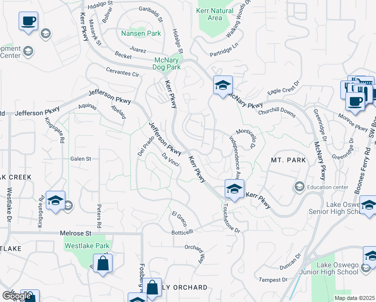 map of restaurants, bars, coffee shops, grocery stores, and more near Kerr Parkway & Jefferson Parkway in Lake Oswego