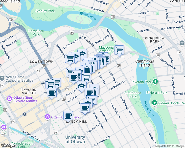 map of restaurants, bars, coffee shops, grocery stores, and more near 456 Rideau Street in Ottawa