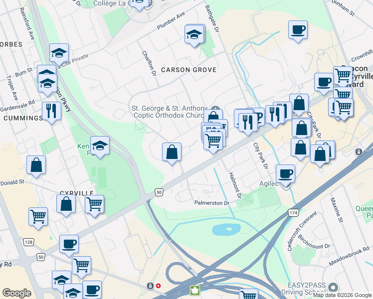 map of restaurants, bars, coffee shops, grocery stores, and more near 4310 Sunwood Crescent in Ottawa