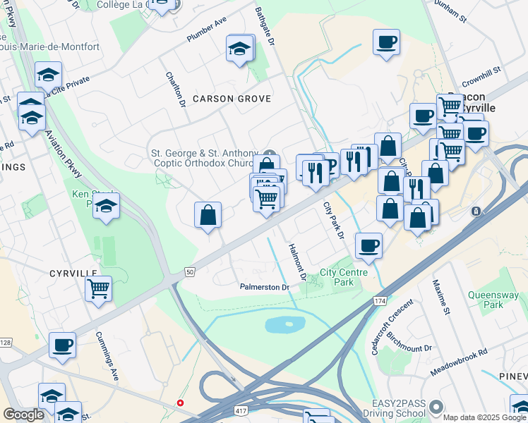map of restaurants, bars, coffee shops, grocery stores, and more near 1134 Cadboro Road in Ottawa