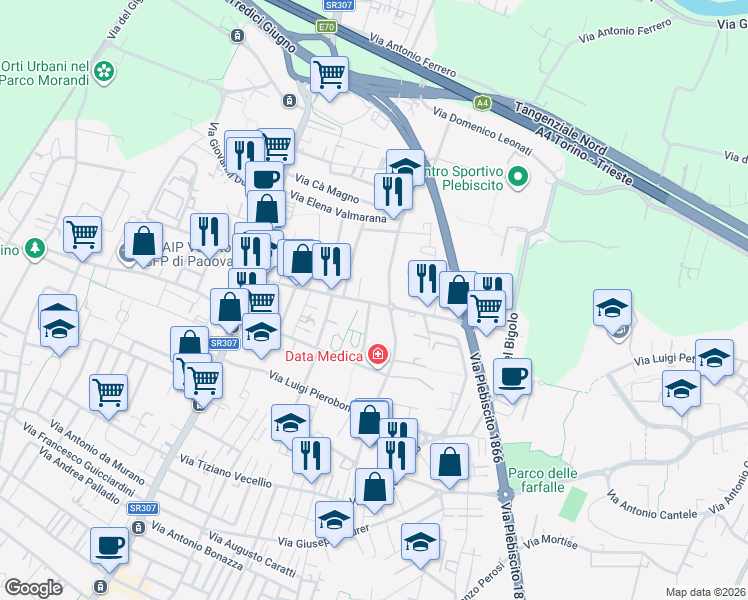 map of restaurants, bars, coffee shops, grocery stores, and more near 30 Via Cardinale Callegari in Padova