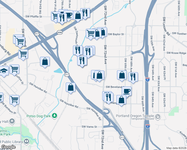 map of restaurants, bars, coffee shops, grocery stores, and more near 7540 Southwest Hermoso Way in Tigard