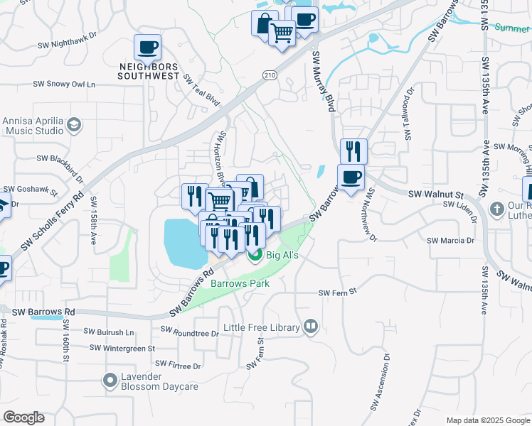 map of restaurants, bars, coffee shops, grocery stores, and more near 14805 Southwest Barrows Road in Beaverton