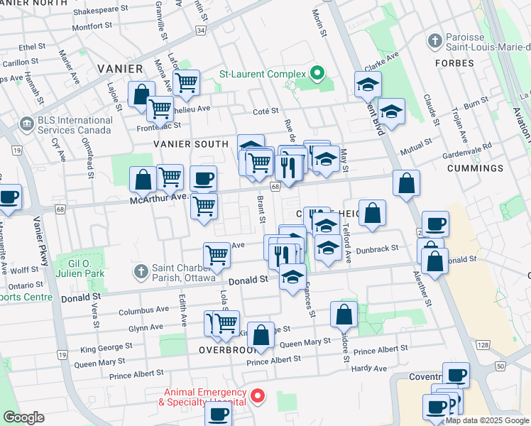 map of restaurants, bars, coffee shops, grocery stores, and more near in Ottawa