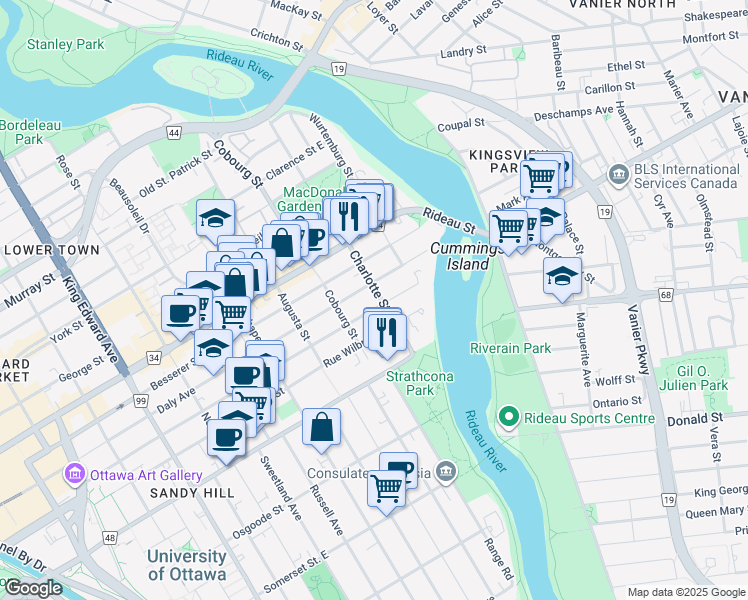 map of restaurants, bars, coffee shops, grocery stores, and more near 483 Rue Wilbrod Street in Ottawa