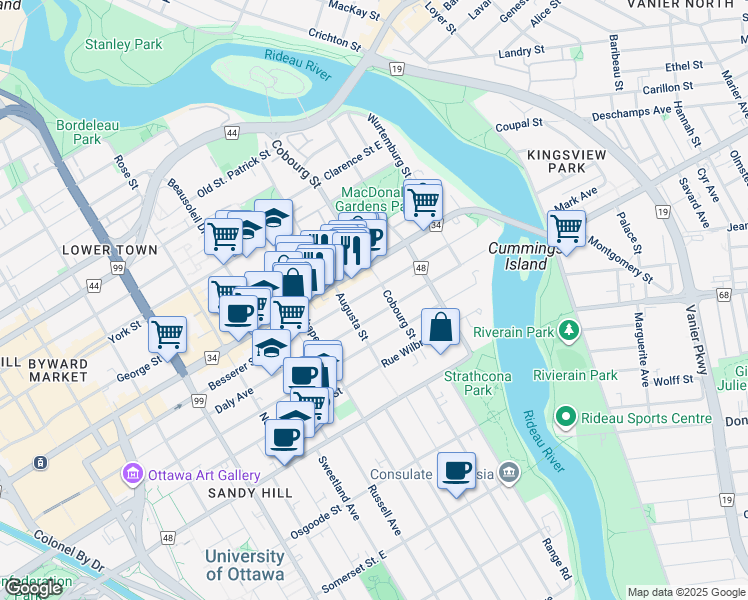 map of restaurants, bars, coffee shops, grocery stores, and more near in Ottawa