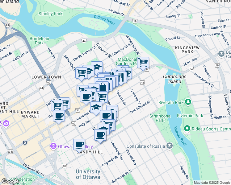 map of restaurants, bars, coffee shops, grocery stores, and more near 456 Rideau Street in Ottawa