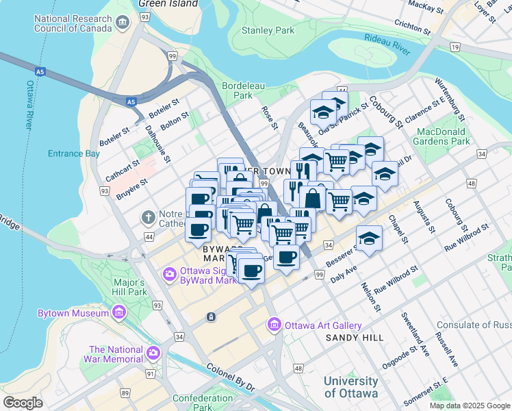 map of restaurants, bars, coffee shops, grocery stores, and more near in Ottawa