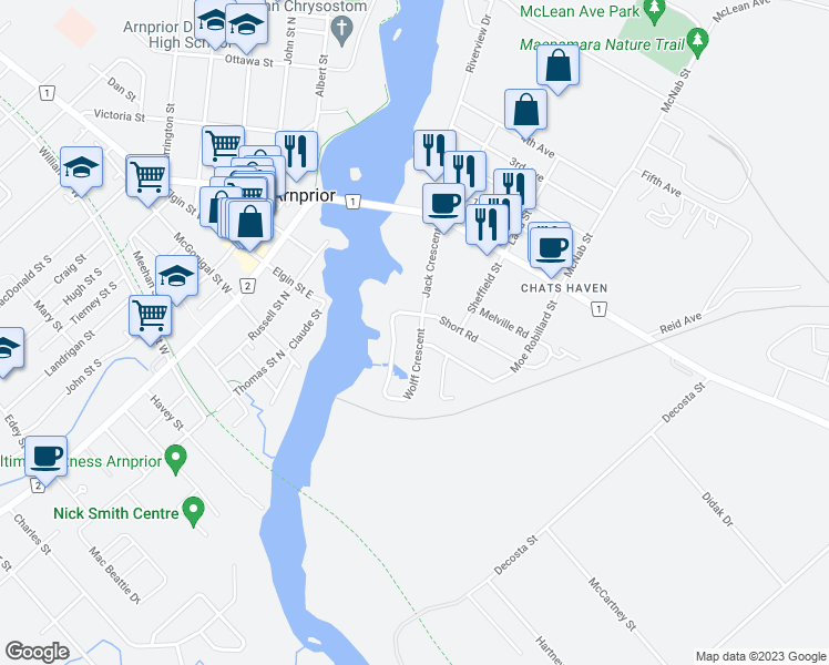map of restaurants, bars, coffee shops, grocery stores, and more near 108 Wolff Crescent in Arnprior
