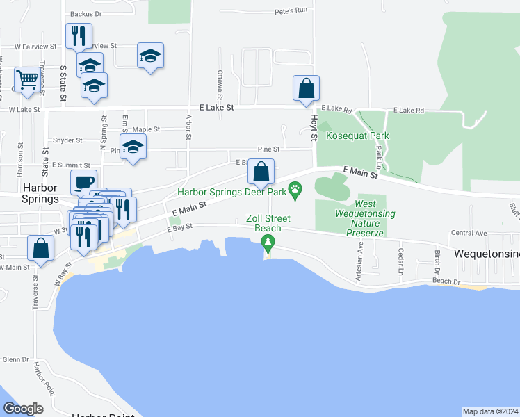map of restaurants, bars, coffee shops, grocery stores, and more near 145 Zoll Street in Harbor Springs